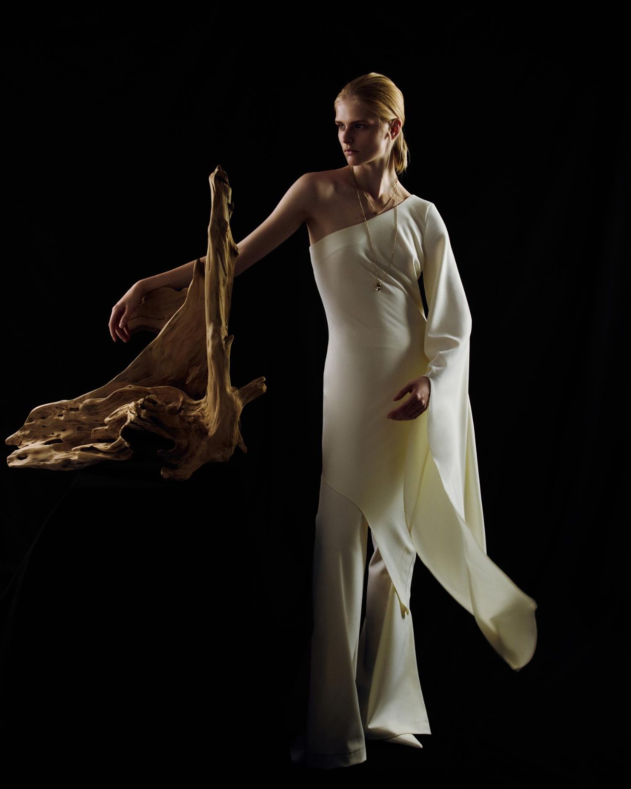 MIOGI LI — ivory gown with driftwood on black