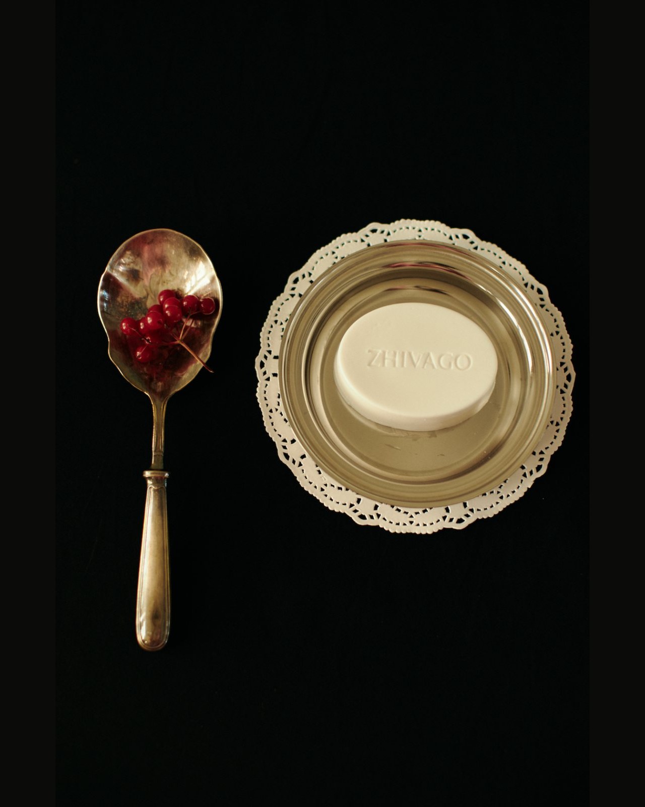 DR ZHIVAGO BY MILA.P — still life, silver spoon with viburnum and an embossed soap